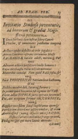 III. Invitatio Studiosae juventutis, ad bonorum & gradus Magisterii petitionem.