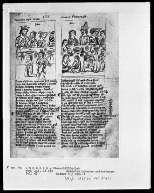 Speculum humanae salvationes — Textseite mit zwei Miniaturen, Folio 45recto