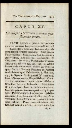 Caput XIV. De reliquis Clericorum ordinibus quaestiunculae breves