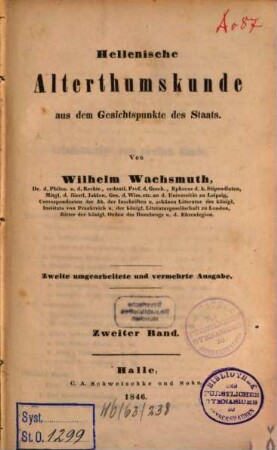 Hellenische Alterthumskunde : aus dem Gesichtspunkte des Staats, 2