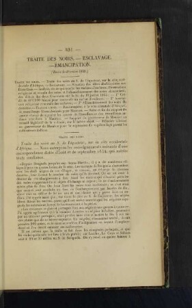 Traite des noirs. - Esclavage. - Emancipation.