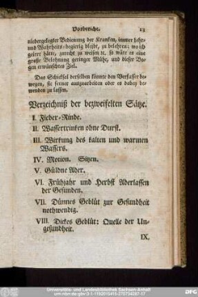 Verzeichniß der bezweifelten Sätze.