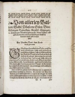 Von allerley Balsam/ Salbe/ Pflastern/ Oelen [...] Der Vierdte Theil/ das Kochbuch genannt.