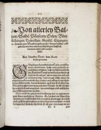 Von allerley Balsam/ Salbe/ Pflastern/ Oelen [...] Der Vierdte Theil/ das Kochbuch genannt.
