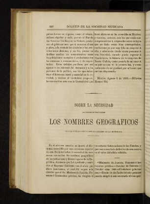 Sobre la Nescesidad de conservan immutables loa Nombres Geograficos de la poblaciones y demas Lugares de la Republica
