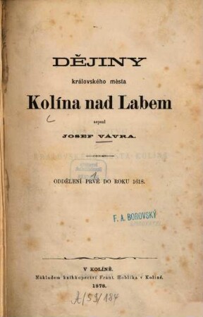 Dějiny královského města Kolína nad Labem, 1