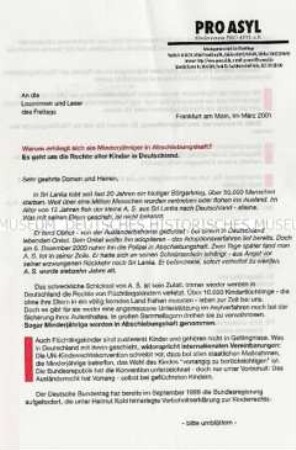 Rundschreiben zum Asylrecht mit Fragebogen und Blanko-Zahlschein
