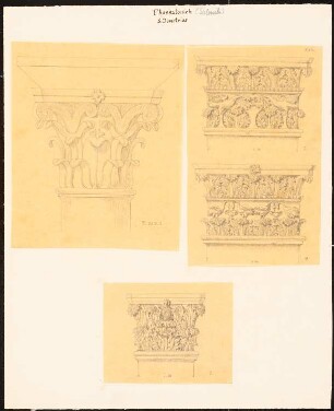 S. Demetrios, Thessaloniki: Durchzeichnungen, drei Blätter: vier Ansichten Kapitelle von Säulen mit Tiermotiven, Maßangaben (vermutlich nach Charles Texier und Richard P. Pullan, XXIV.2., XXV.)