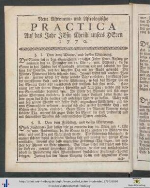 Neue Astronom- und Astrologische Practica Auf das Jahr Jesu Chrsi unsers Herrn 1770.