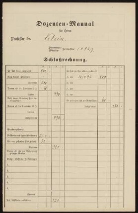 Dozenten-Manual für Herrn Professor Dr. Klein. Winter-Semester 1896/7. Schlußrechnung.