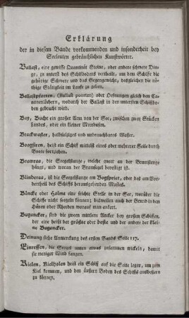Erklärung der in diesem Bande vorkommenden und insonderheit bey Seeleuten gebräuchlichen Kunstwörter