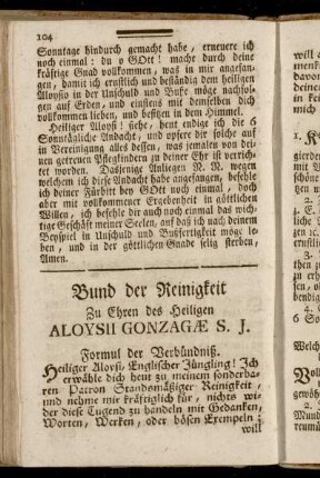 Bund der Reinigkeit Zu Ehren des Heiligen Aloysii Gonzagae S. J.