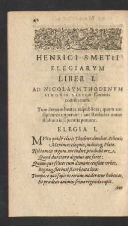 Henrici Smetii Elegiarum Liber I.