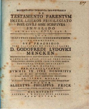 Diss. iur. inaug. de testamento parentum inter liberos privilegiato iure civili sine scriptura invalido