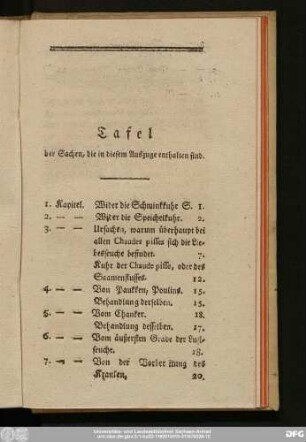 Tafel der Sachen, in diesem Auszuge enthalten sind.