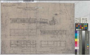 Zeichnung zur Erweiterung des Empfangsgebäudes [Bahnhof] auf Haltepunkt Bösperde: Grundrisse, Ansicht, Schnitte, Sparrenlage, M.~1:100 Stnr.: 84, Hge, Bunr.: 13, Blnr.: 1