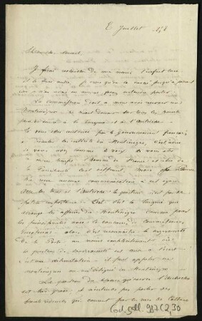52 Briefe, Originale bzw. Abschriften: Diplomatische Korrespondenz der Hauptakteure der Montenegropolitik der Jahre 1857-1861 - BSB Cod.gall. 987(1-5, Teil 2,30. The Henri Delarue - Hyacinthe Hecquard correspondence, 1857-1858 (33 original confidential letters), Nr. 30: July 3, 1858 - BSB Cod.gall. 987(2,30