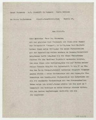 Brief von Raoul Hausmann an Staatliche Kunstbibliothek / Wolfgang Herrmann. Jershöft