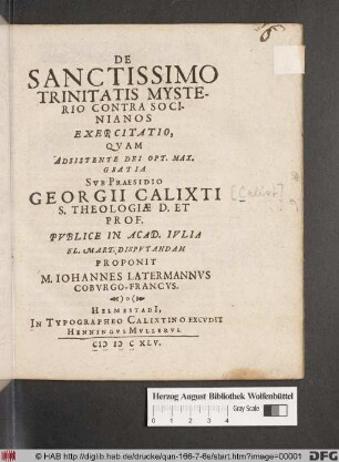 De Sanctissimo Trinitatis Mysterio Contra Socinianos Exercitatio
