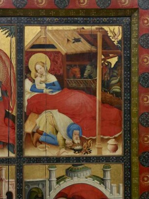 Wildunger Altar — Altar im geöffneten Zustand — Verkündigung, Geburt Christi, Anbetung der Könige und Darbringung im Tempel — Geburt Christi