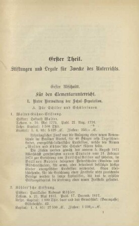 Erster Theil. Stiftungen und Legate für Zwecke des Unterrichts