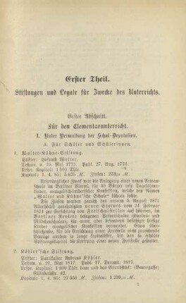 Erster Theil. Stiftungen und Legate für Zwecke des Unterrichts