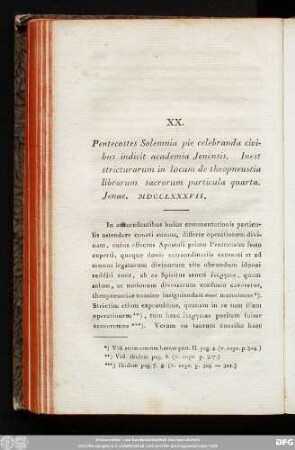 XX. Pentecostes Solemnia pie celebranda civibus indicit academia Ienensis. Inest stricturarum in locum de theopneustia librorum sacrorum particula quarta. Ienae. MDCCLXXXVII.