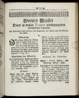Zweytes Register Derer in diesem Tractat vorkommenden vornehmsten Materien.