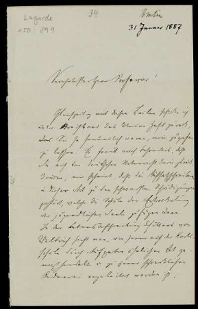 Nr. 2: Brief von Friedrich Paulsen an Paul de Lagarde, Berlin, 31.1.1887
