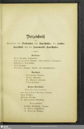 Verzeichniß der Mitglieder des Vorstandes und Ausschusses, der Sonder-Ausschüsse und des Saatmarkt-Ausschusses