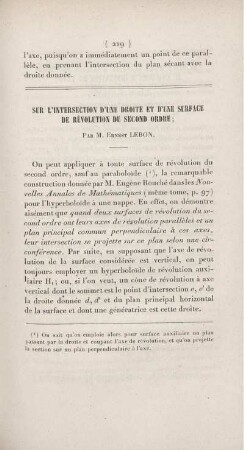 Sur l'intersection d'une droite et d'une surface de révolution du second ordre.