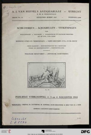 Catalogus van oude en moderne teekeningen, aquarellen, schilderijen, gravures, miniaturen, japanische prenten : publieke verkooping 2, 3 en 4 augustus 1944