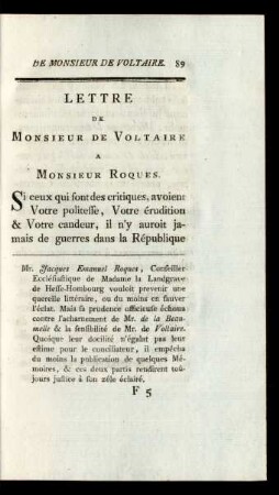 [Lettre de Monsieur de Voltaire a Monsieur Roques.]