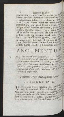 Argumentum. Audaciam nonnullorum regularium, qui Patriarcha Antiocheno Visitatori ... Venerabili Fratri Archiepiscopo Goano. Clemens PP. XI.