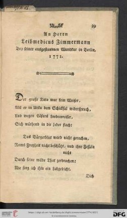 An Herrn Leibmedicus Zimmermann [...]