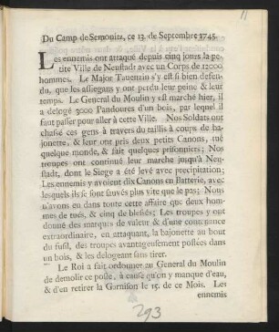 Du Camp de Semonitz, ce 13. de Septembre 1745