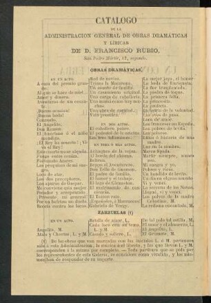 Catálogo de la administración general de obras dramáticas y líricas de D. Francisco Rubio.