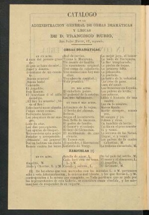 Catálogo de la administración general de obras dramáticas y líricas de D. Francisco Rubio.