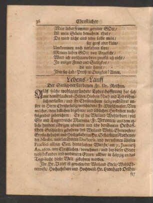 Lebens-Lauff Der Seelig-verstorbenen Fr. Dr. Rothin.