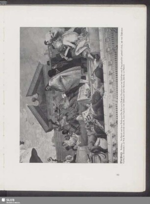 Würzburg. Residenz. Ausschnitt aus dem Deckengemälde Giovanni Battista Tiepolos von der Nordseite des Stiegenhauses (gemalt 1753), mit den Bildnissen Balthasar Neumanns, auf dem Kanonenrohr ruhend, rechts daneben des Bildhauers Lukas Auwera, stehen, im Mantel