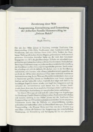 Zerstörung einer Welt. Ausgrenzung, Entrechtung und Ermordung der jüdischen Familie Hammerschlag im "Dritten Reich"
