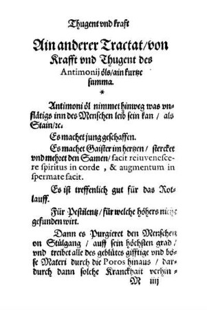 Ain anderer Tractat/ von Krafft vnd Thugent des Antimonij öls/ ain kurtze summa