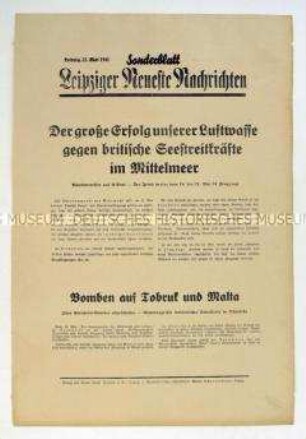 Sonderblatt der "Leipziger Neuesten Nachrichten" zu deutschen Luftangriffen gegen britische Seestreitkräfte im östlichen Mittelmeer