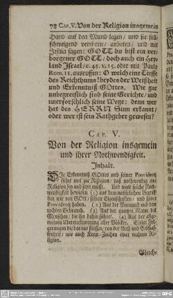 Cap. V. Von der Religion insgemein und ihrer Nothwendigkeit