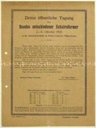 Ankündigung einer Tagung des Bundes entschiedener Schulreformer vom 2. bis 6. Oktober 1920 in Berlin