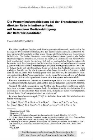 Die Pronominalverschiebung bei der Transformation direkter Rede in indirekte Rede, mit besonderer Berücksichtigung der Referenzidentitäten