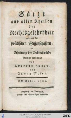 Sätze aus allen Theilen der Rechtsgelehrtheit und aus den politischen Wissenschaften : zur Erhaltung der Doktorswürde