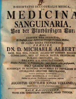 Diss. inaug. med. de medicina sanguinaria