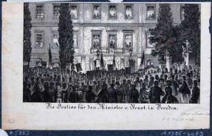 Empfang des Königl. Sächs. Ministerpräs. Friedrich Ferdinand von Beust (1809-1886) in Dresden durch eine Menschenmenge mit Fackeln als Gesandter des Dt. Bundes nach der Londoner Konferenz zur Klärung der Schleswig-Holstein-Frage 1864