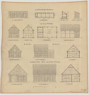 Wadelheim bei Rheine (Kreis Steinfurt): Hof Horstmann. - Schweinehaus (Grundriss, Ansicht, Schnitt). - Schuppen (Grundriss, Ansicht, Schnitt). - Backhaus (Ansicht, Schnitt). - Scheune mit Schafstall (Ansicht, Schnitt)